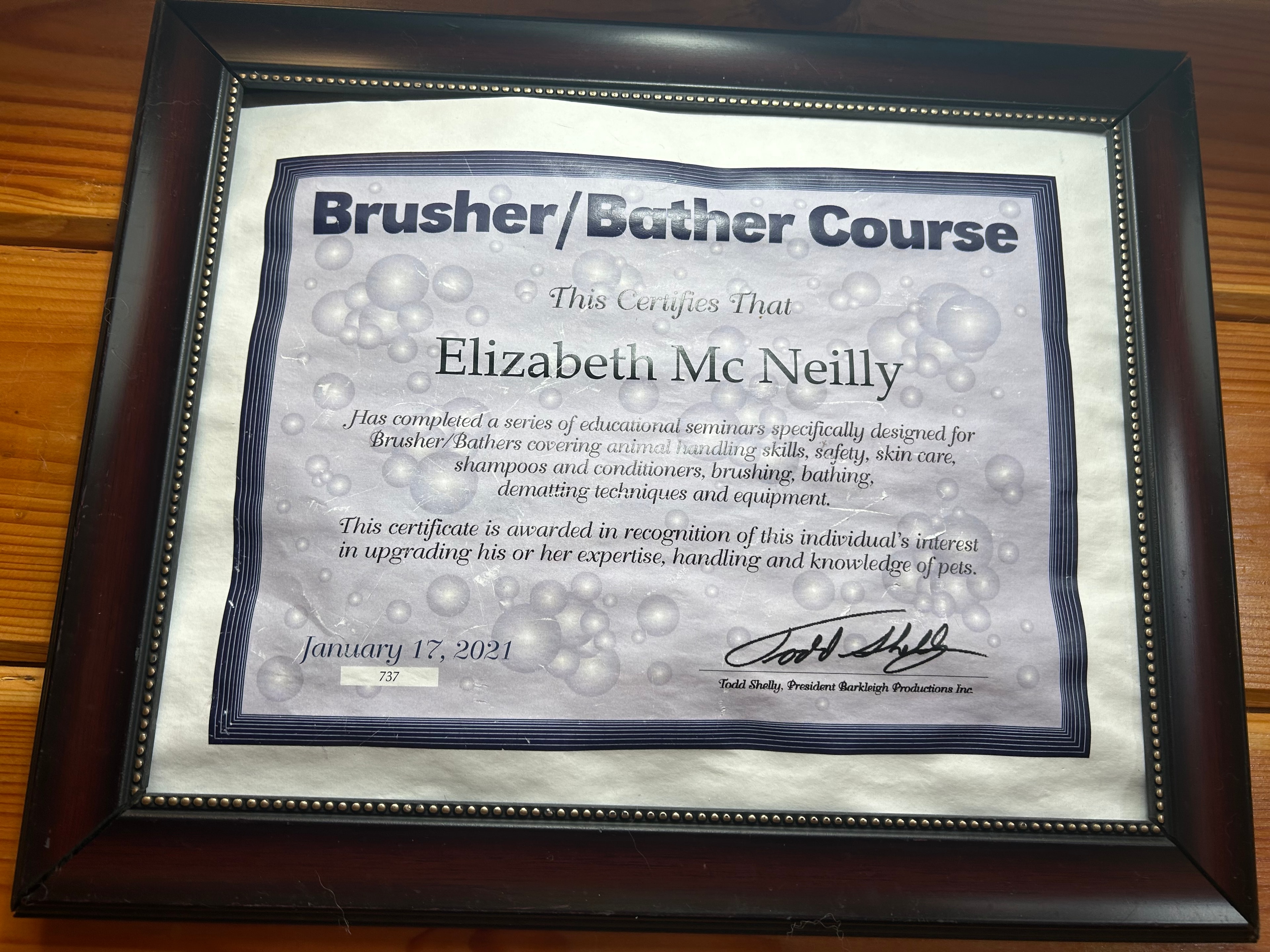 Barkleigh Brusher/Bather Course Certificate — Elizabeth Mc Neilly, January 2021