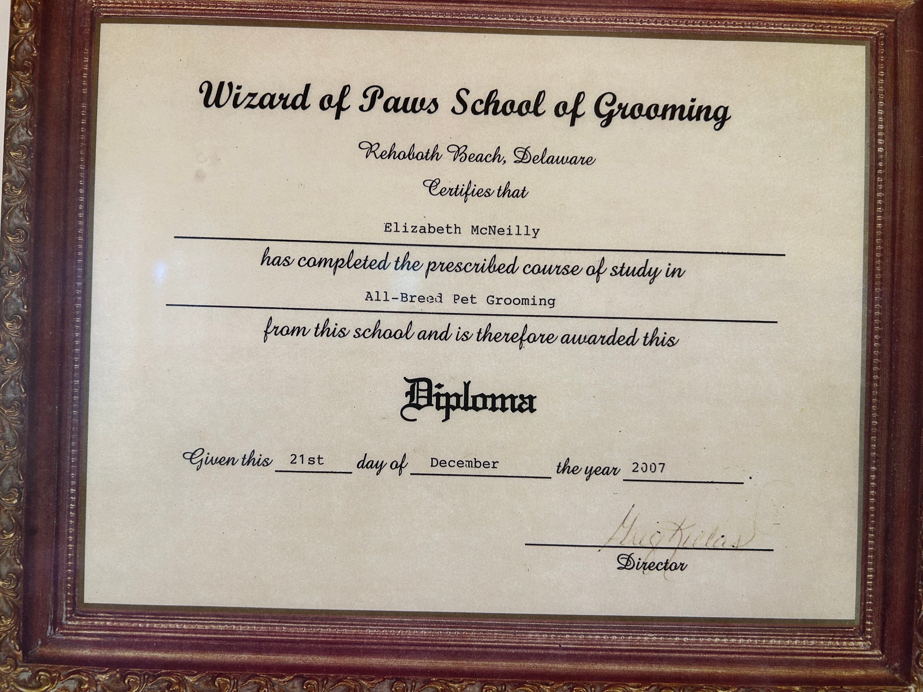 Wizard of Paws School of Grooming Diploma — Elizabeth McNeilly, All-Breed Pet Grooming